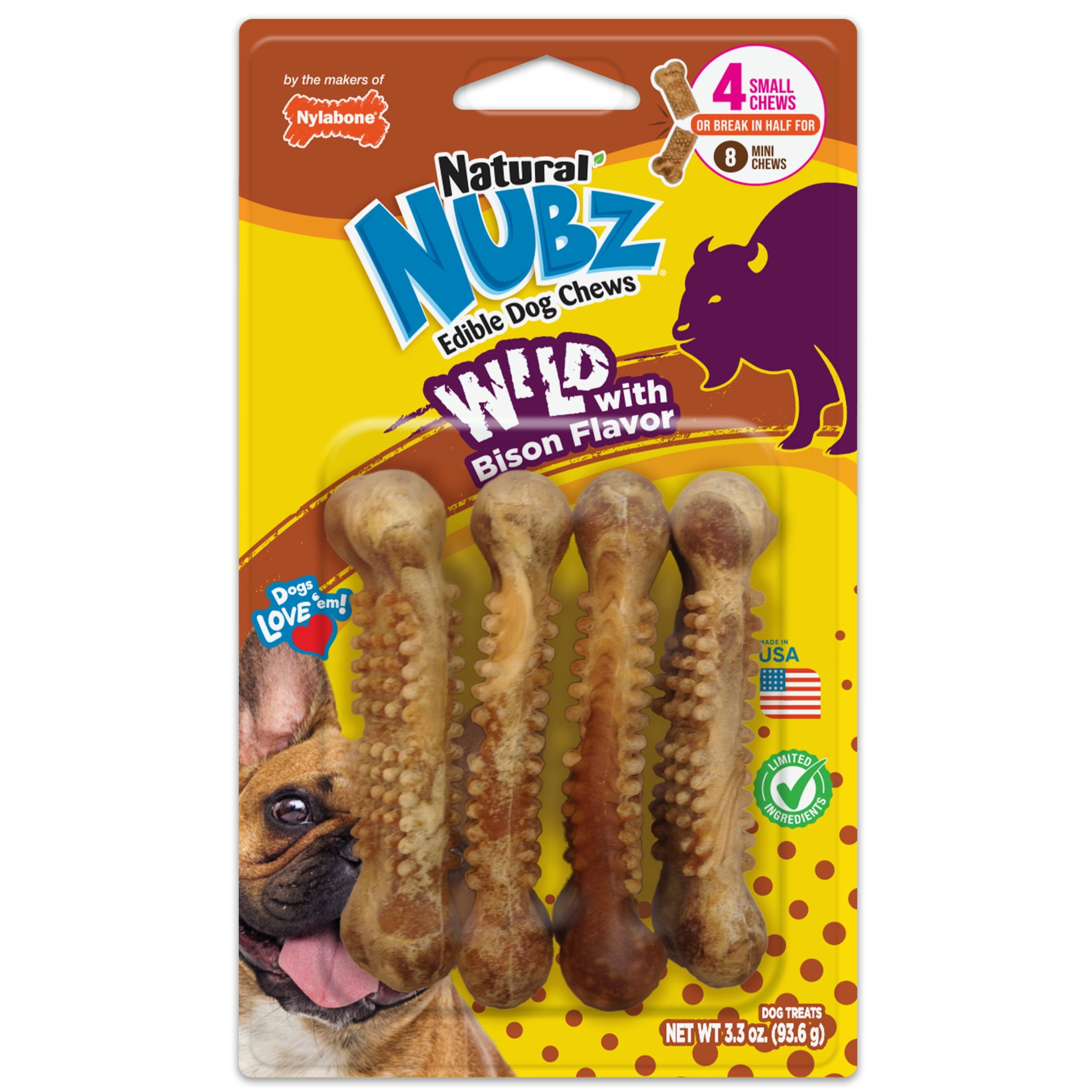 Nylabone Nubz Wild Dog Treats for Small Dogs, Bison Flavor Dog Bones, Small - Up to 25 lbs., 4 Count