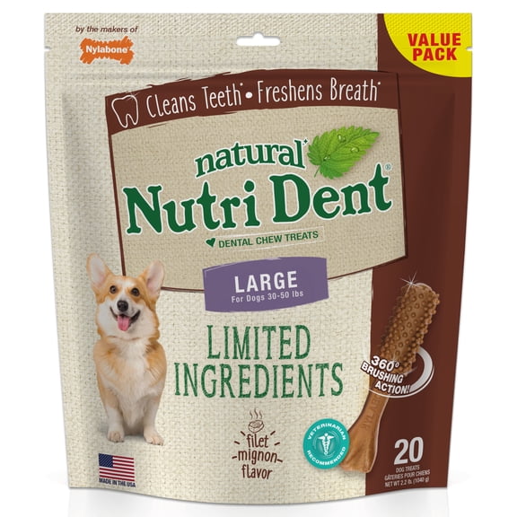 Nylabone Nutri Dent Natural Dental Chews for Dogs, Limited Ingredient Dog Treats, Teeth Cleaning Dental Sticks for Dogs, Filet Mignon Flavor, For Large Dogs (20 Count)
