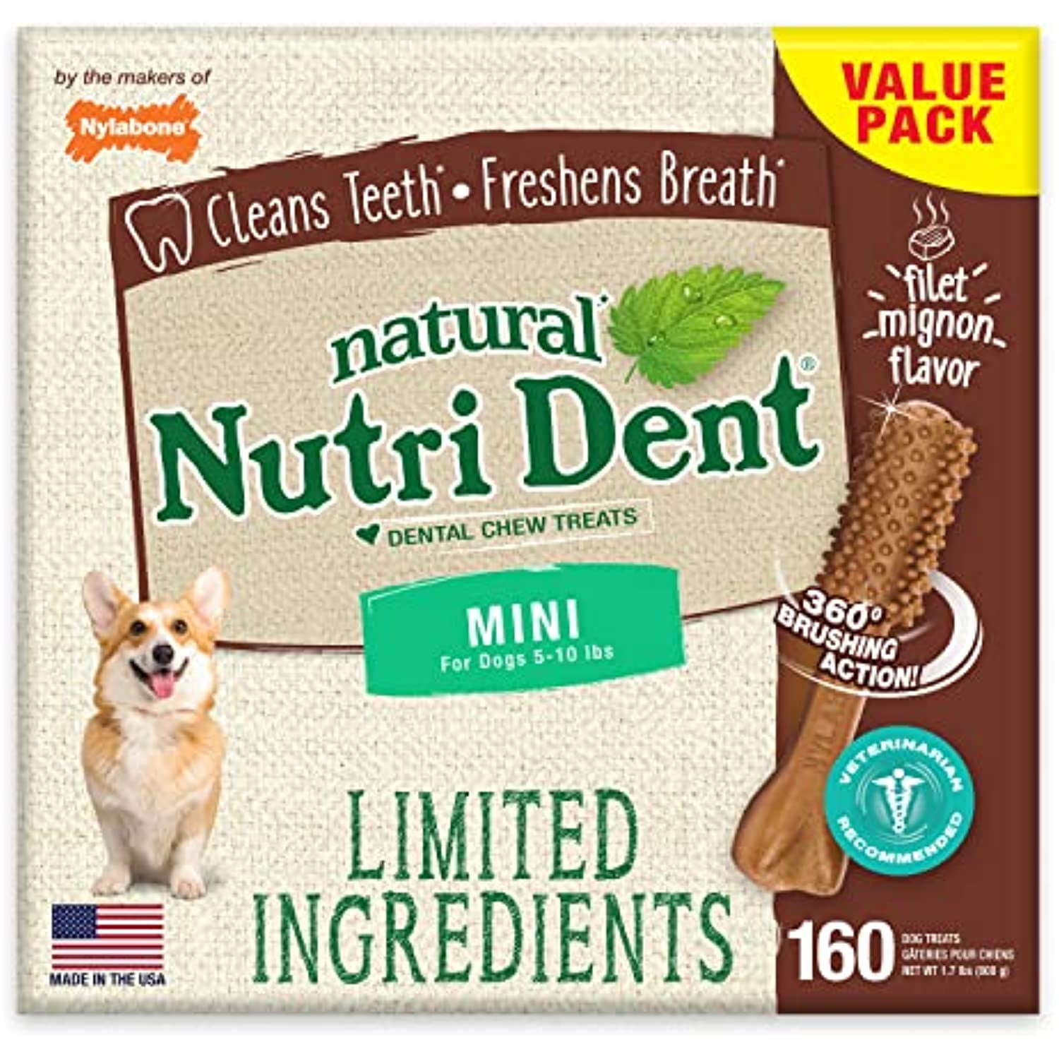 Nylabone Nutri Dent Limited Ingredient Dental Chews Filet Mignon Mini 160 count