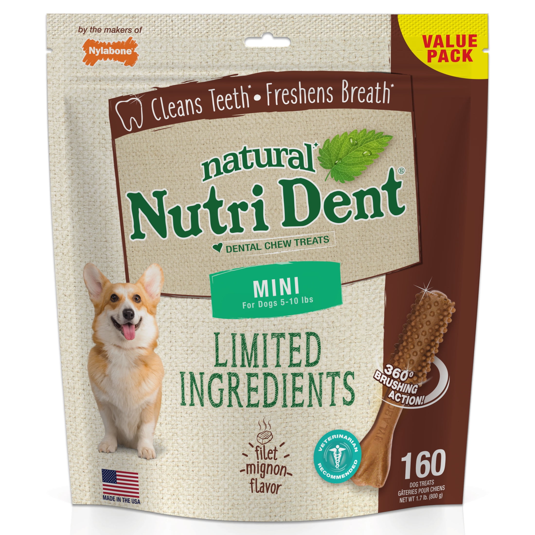 Nylabone Nutri Dent Filet Mignon Flavored Dental Dog Chew Treats Mini (160 Count)