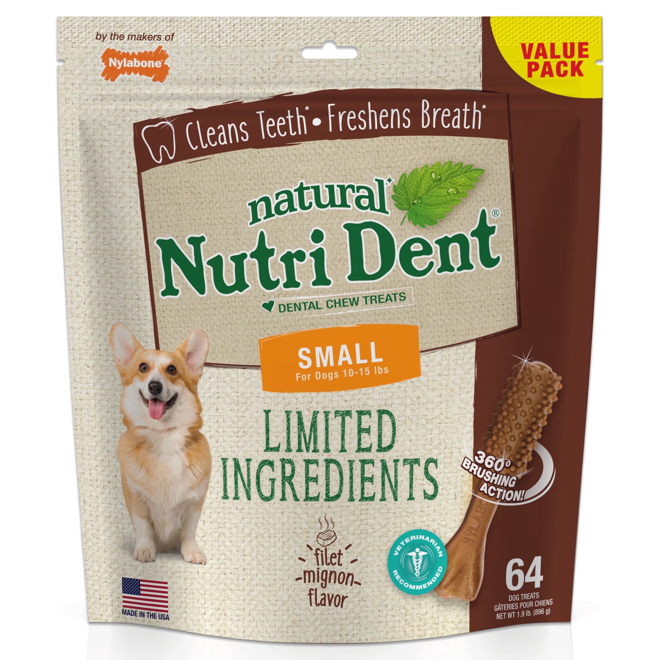 Nylabone Nutri Dent Filet Mignon Flavored Dental Dog Chew Treats Small (64 Count)