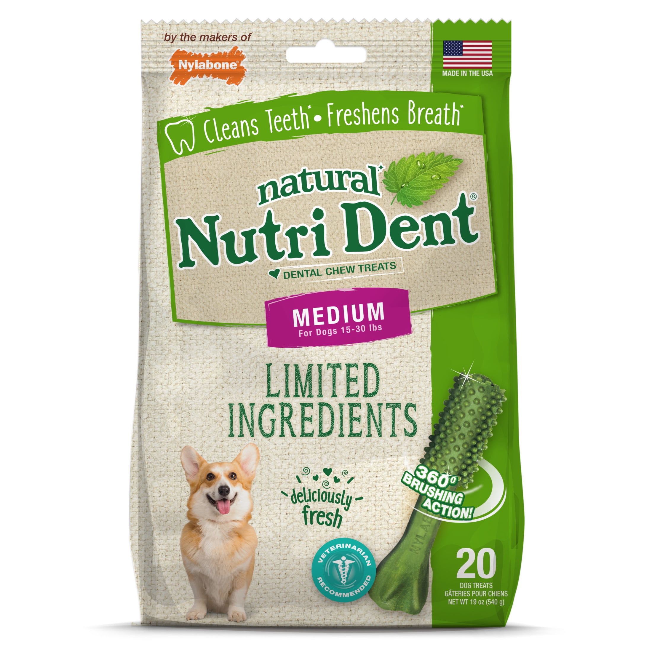 Nylabone Nutri Dent Natural Dental Chews for Dogs, Limited Ingredient Dog Treats, Teeth Cleaning Dental Sticks for Dogs, Fresh Breath Flavor, For Medium Dogs (20 Count)