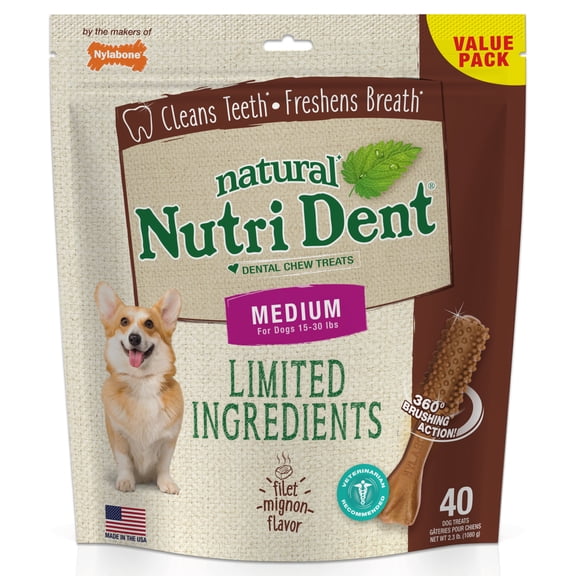 Nylabone Nutri Dent Filet Mignon Flavored Dental Dog Chew Treats Medium (40 Count)