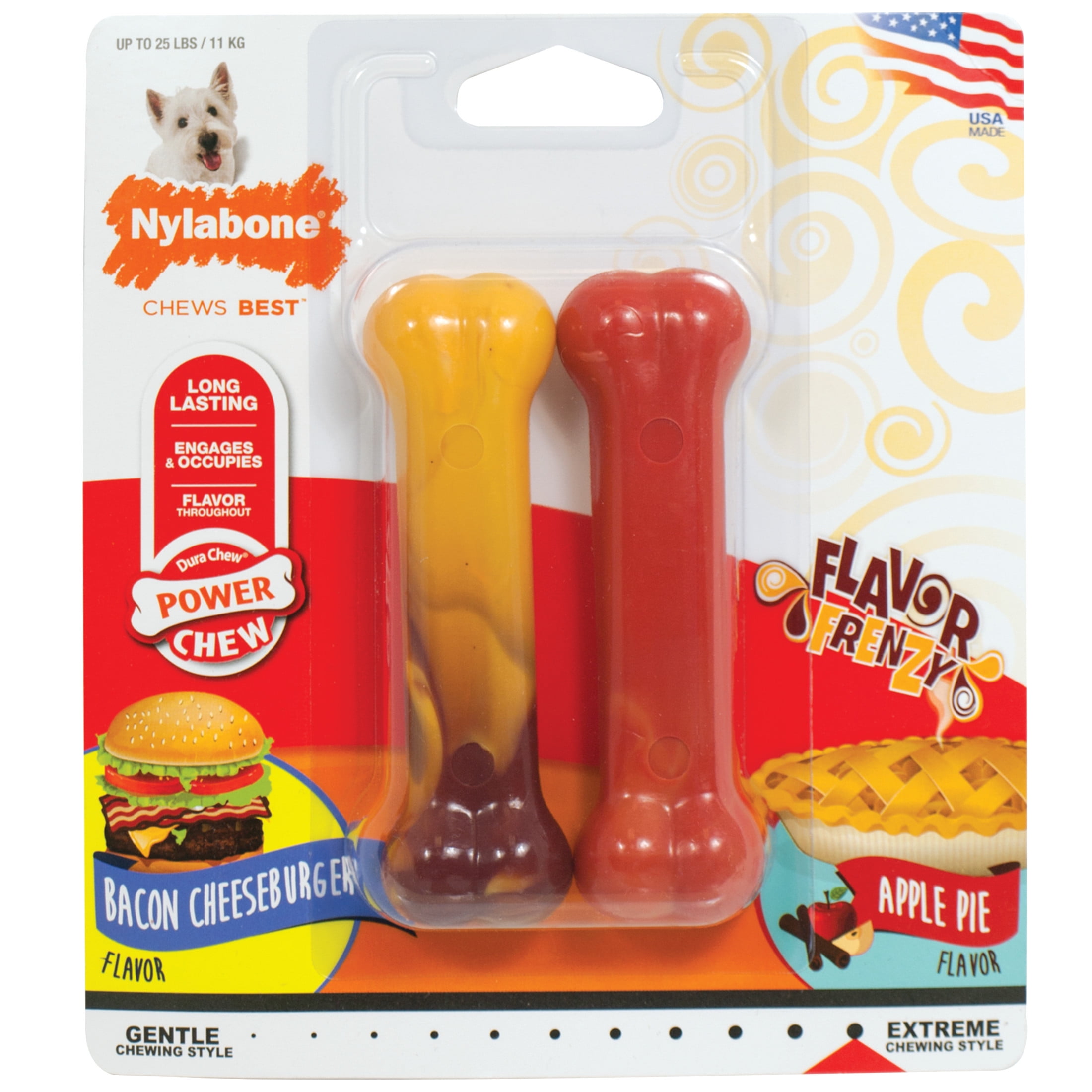 Nylabone Power Chew Flavor Frenzy Durable Dog Chew Toys Twin Pack Bacon Cheeseburger & Apple Pie Small/Regular - Up to 25 Ibs. (2 Count)