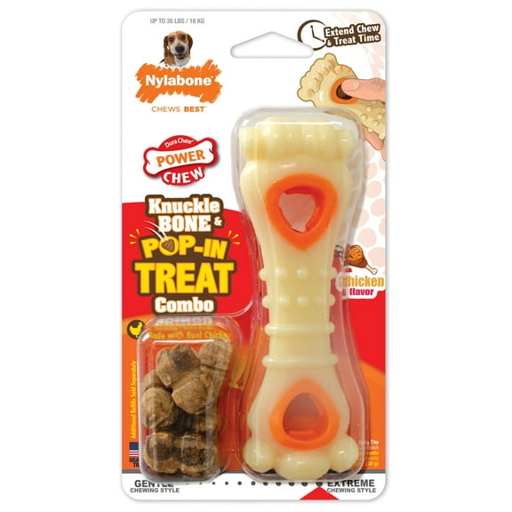 Nylabone Power Chew Knuckle Bone & Pop-In Treat Toy Chicken Medium/Wolf - Up to 35 lbs.