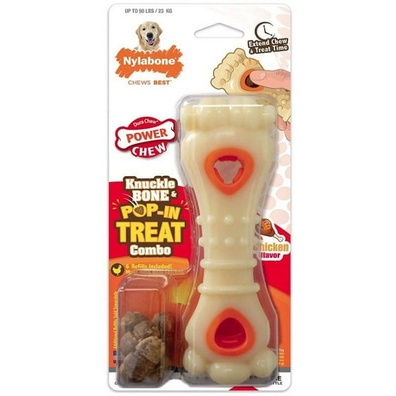 Nylabone Power Chew Knuckle Bone and Pop-In Treat Toy Combo Chicken Flavor Giant [Dog, Toys Nylabone] 1 count