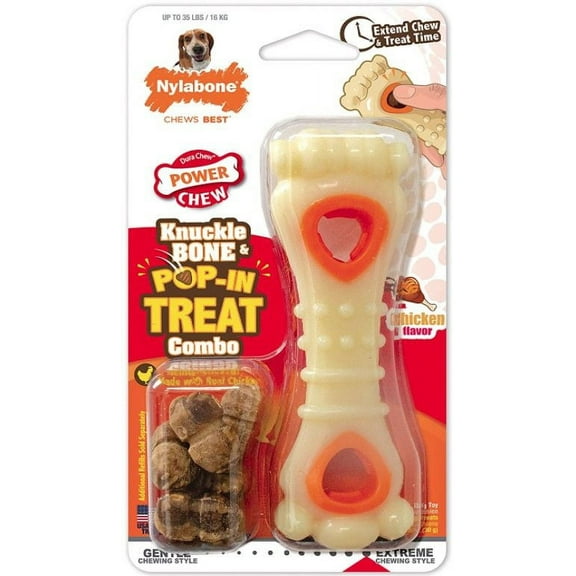Nylabone Power Chew Knuckle Bone and Pop-In Treat Toy Combo Chicken Flavor Wolf [Dog, Toys Nylabone] 1 count