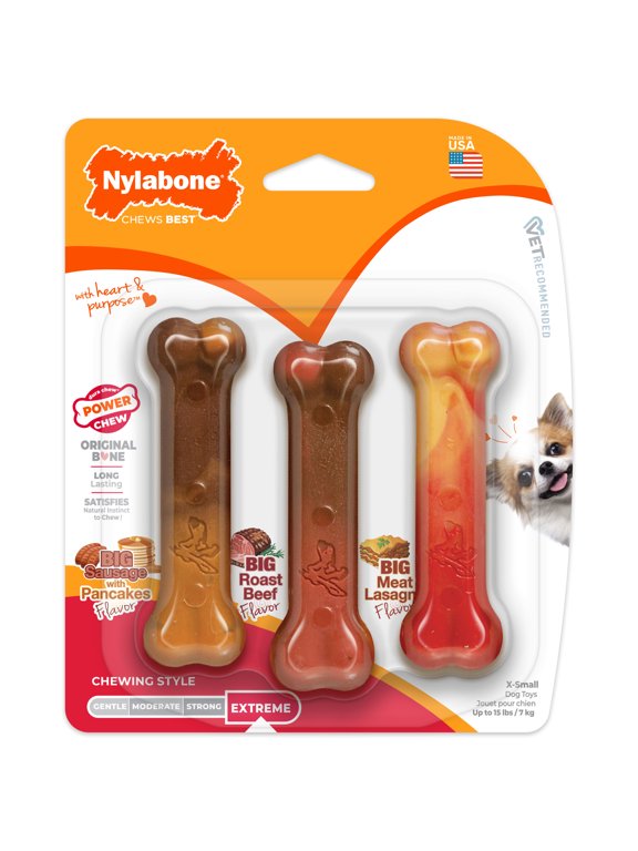 Power Chew Original Bone Dog Toys, Dog Chew Toys, Pancakes & Sausage, Roast Beef, & Lasagna Flavor, X-Small, 3 Pack