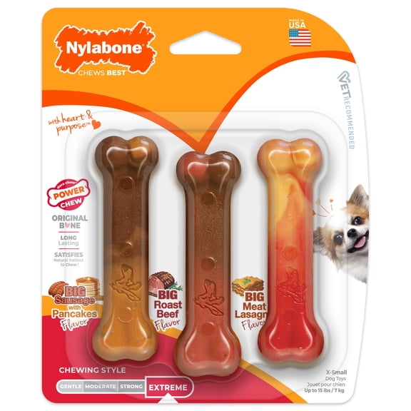 Nylabone Power Chew Original Bone Dog Toys, Dog Chew Toys, Pancakes & Sausage, Roast Beef, & Lasagna Flavor, X-Small, 3 Pack