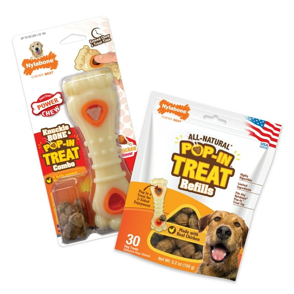 Nylabone Power Chew Knuckle Bone Pop-In Dog Treat Toy with 30 Dog Treats, Dog Toy, Chicken Flavor, Large
