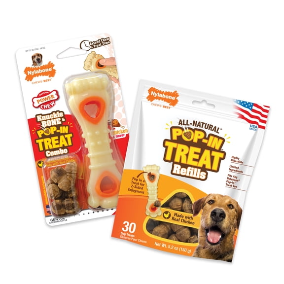 Nylabone Power Chew Knuckle Bone Pop-In Dog Treat Toy with 30 Dog Treats, Dog Toy, Chicken Flavor, Medium
