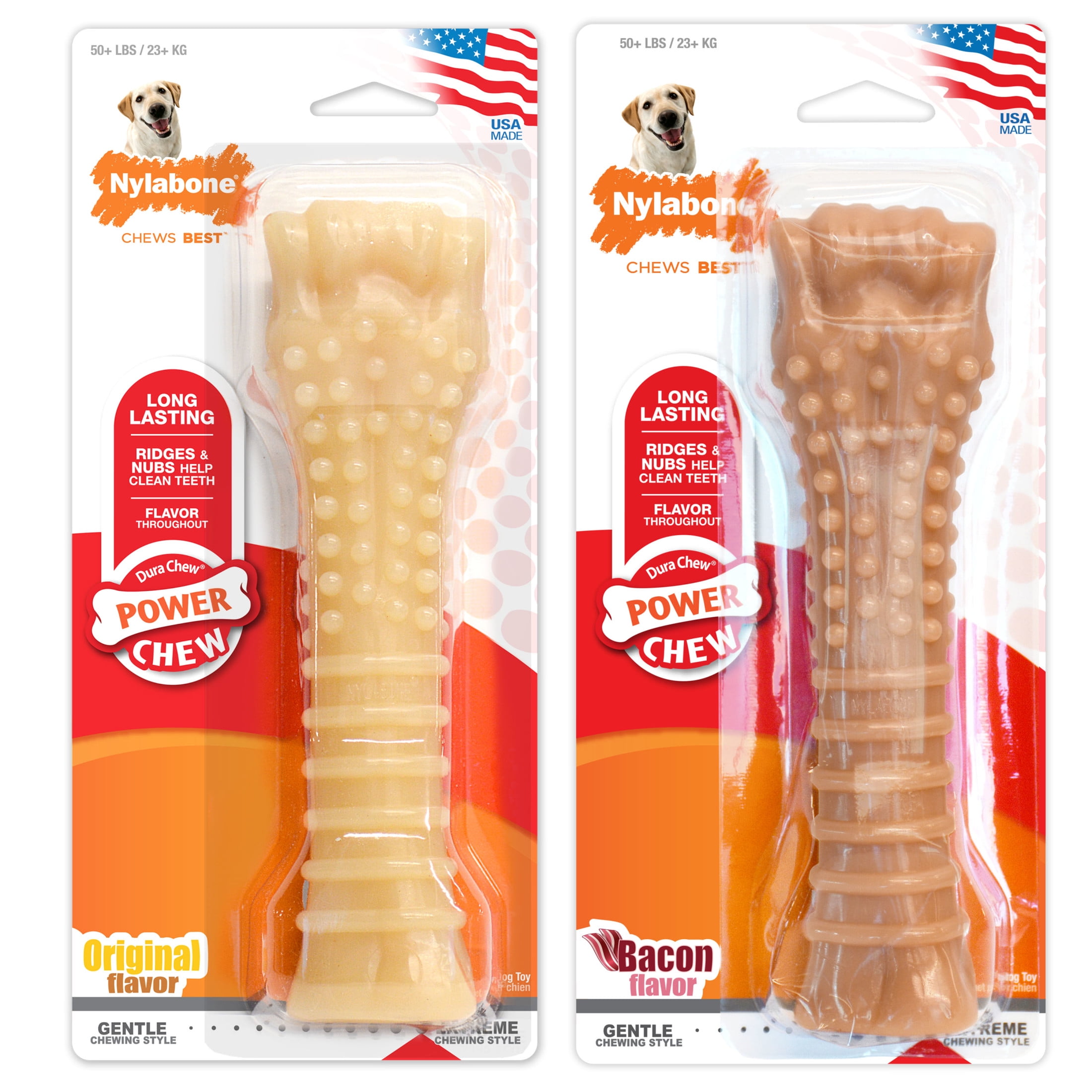 Nylabone Power Chew Textured Knuckle Bone Dog Toy, Dog Chew Toy, Original & Bacon Flavor, X-Large, 2 Pack