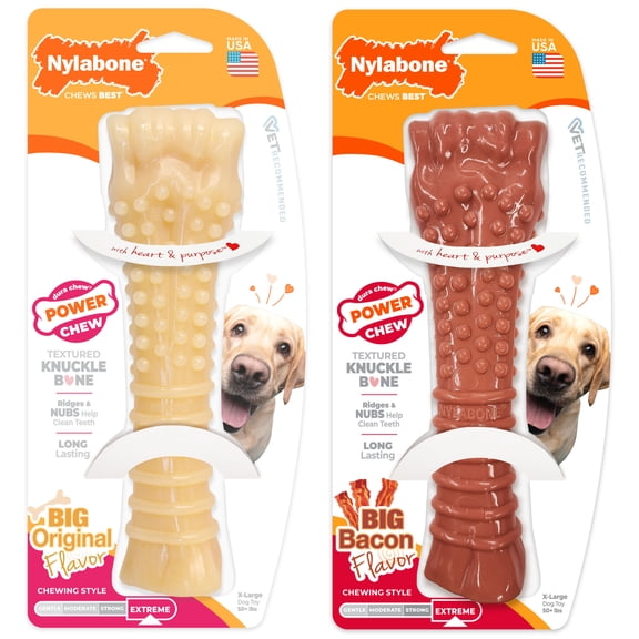 Nylabone Power Chew Textured Knuckle Bone Dog Toy, Dog Chew Toy, Original & Bacon Flavor, X-Large, 2 Pack