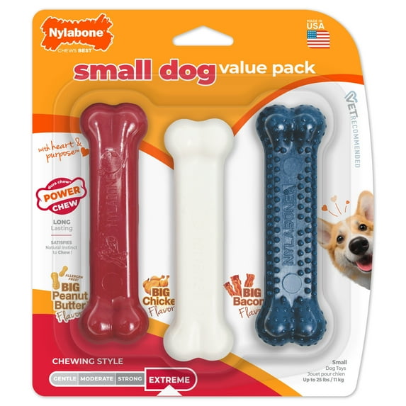 Nylabone Power Chew Small Dog Chew Toy Value Pack Peanut Butter, Bacon & Chicken Small (3 Count)