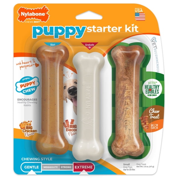 Nylabone Puppy Chew Dog Toy Starter Kit, Dog Chew Toys with Healthy Edibles Dog Treats, Chicken & Bacon Flavor, Small, 3 Pack