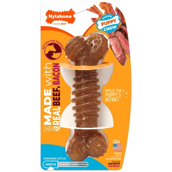 Nylabone Puppy Chew Groove Bone Dog Toy, Dog Chew Toy Made with Real Bacon & Beef, Medium