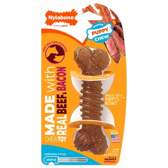 Nylabone Puppy Chew Groove Bone Dog Toy, Dog Chew Toy Made with Real Bacon & Beef, Small