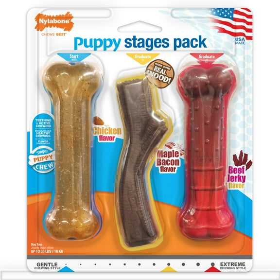 Nylabone Puppy Chew Stages Chew Toy Pack Chicken, Bacon, & Beef Jerky Medium (3 Count)
