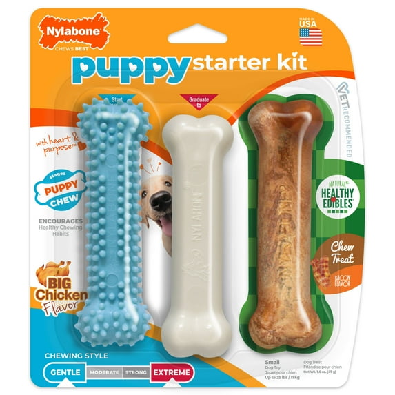 Nylabone Puppy Chew Starter Kit Chew Toy with Healthy Edibles Chew Treat Chicken & Bacon Blue Small (3 Count)