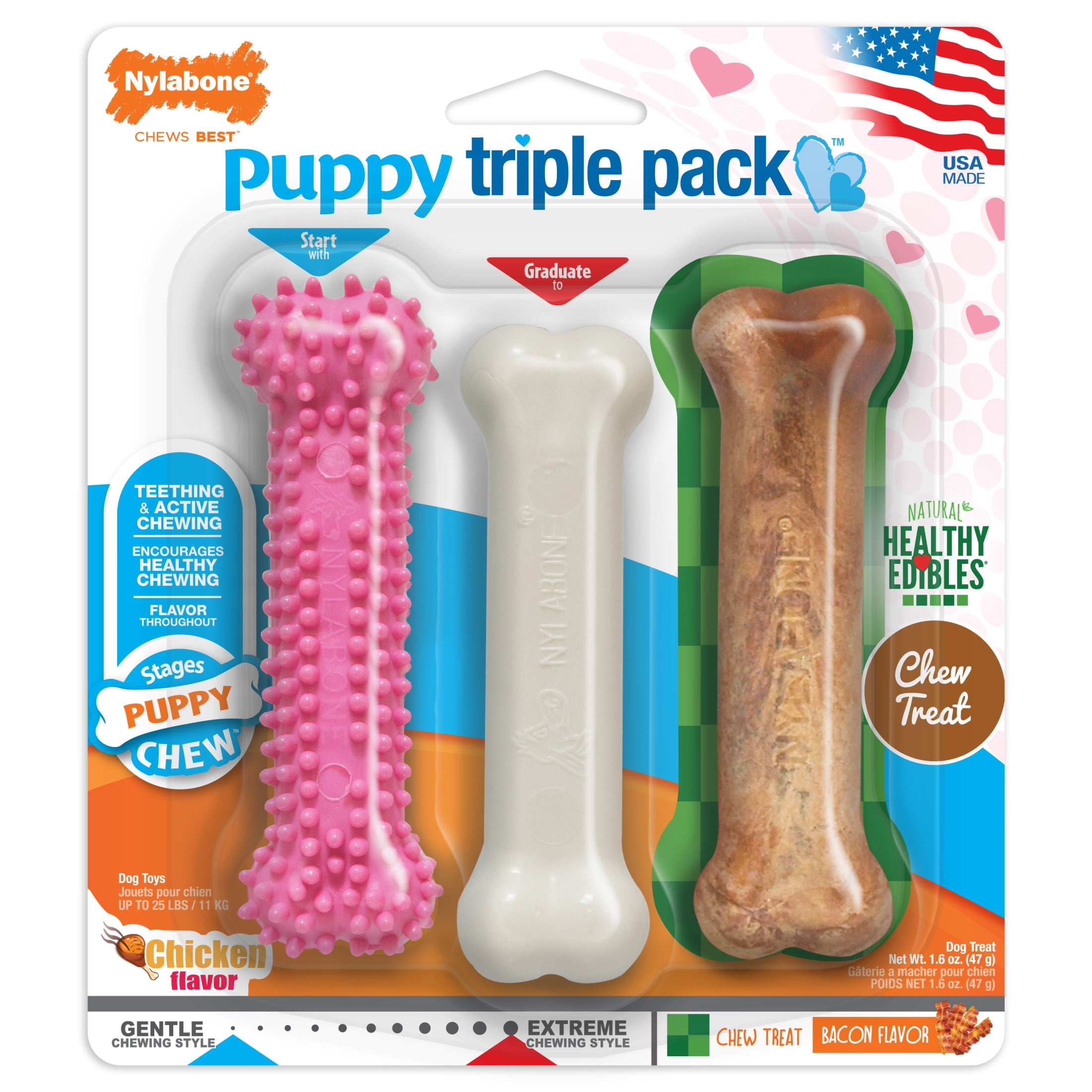 Nylabone Puppy Chew Treat Triple Pack Dog Teething Bones Chicken
