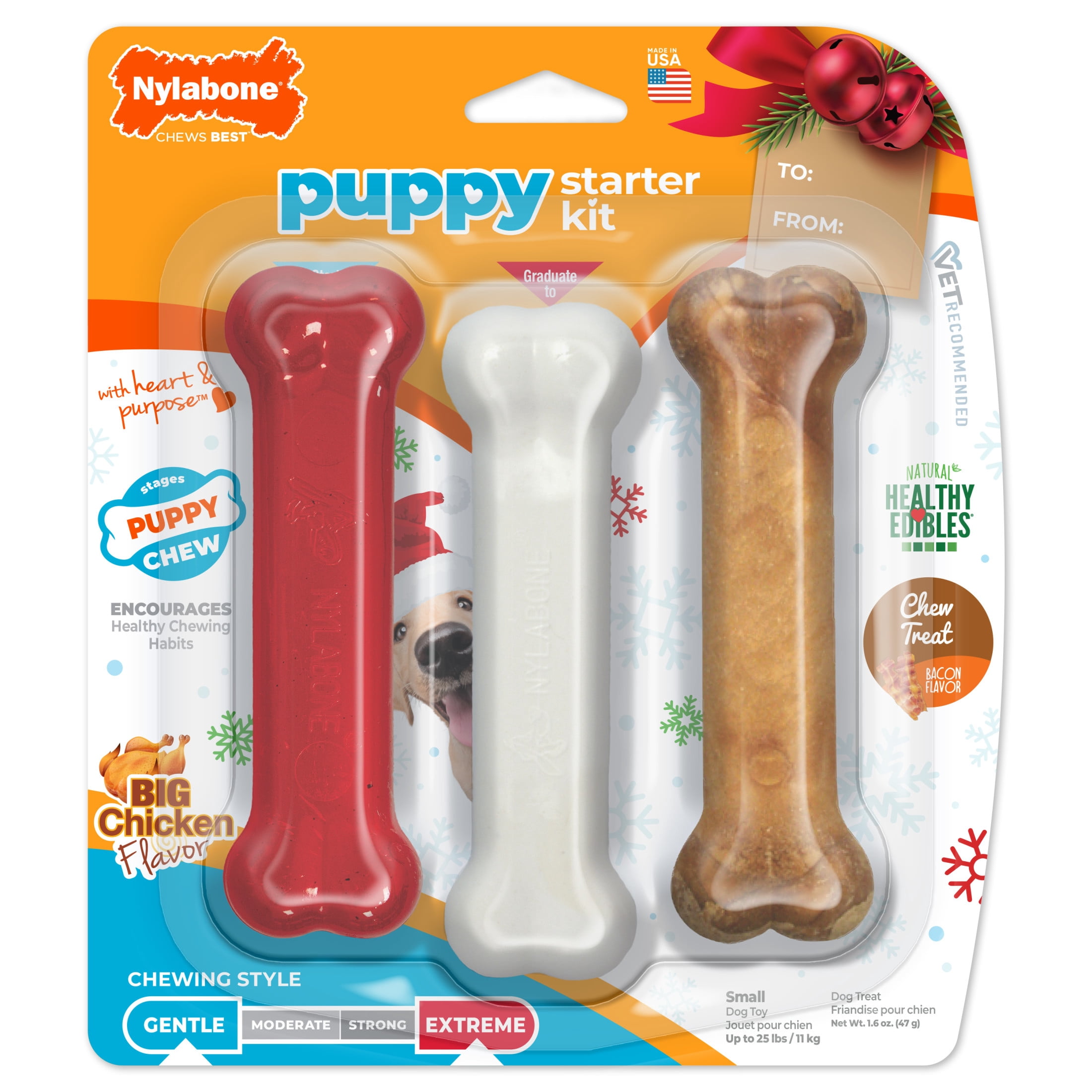 Nylabone Holiday Puppy Chew Dog Toy Starter Kit, Dog Chew Toys & Dog Treat, Chicken & Bacon Flavor, Small, 3 pack