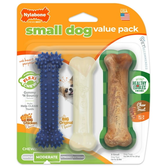 Nylabone Flexi Chew Small Dog Chew Toy Value Pack Bacon, Chicken & Original X-Small (3 Count)