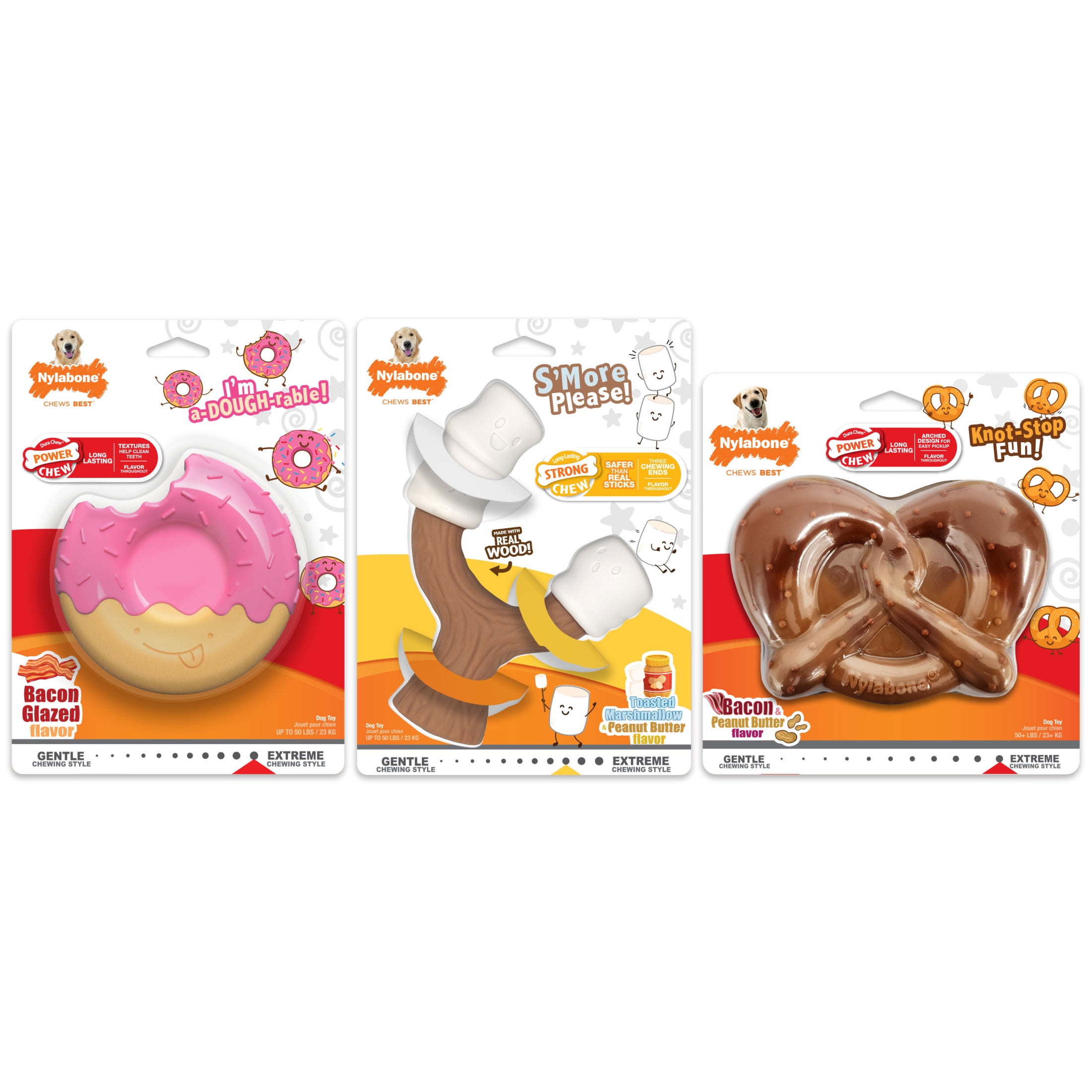 Nylabone Power Chew Donut, Stick, & Pretzel Dog Toys, Dog Chew Toys, Large, 3 Pack