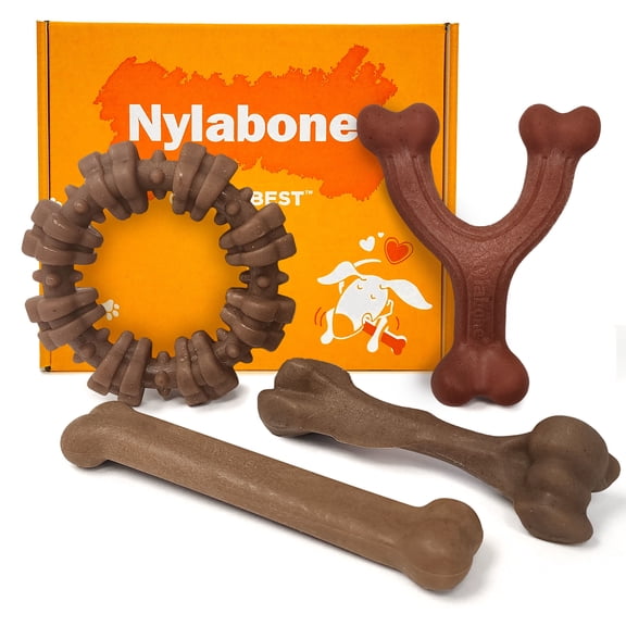 Nylabone Strong Chew Dog Toys, Dog Chew Toys, Made with Real Bacon, Beef, & Chicken, Large, 4 Pack
