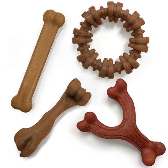 Nylabone Strong Chew Dog Toys, Dog Chew Toys, Made with Real Bacon, Beef, & Chicken, Large, 4 Pack