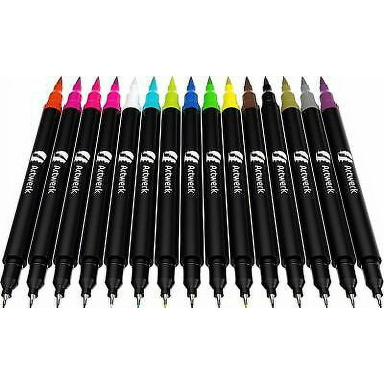 Refurbished Nylea 15 Pack Dual Tip Brush Marker Pens Artwerk [Open Box] Colored Brush Pen [Non-Toxic & Odorless] 0.4 Fineliner Fine Point Markers Set