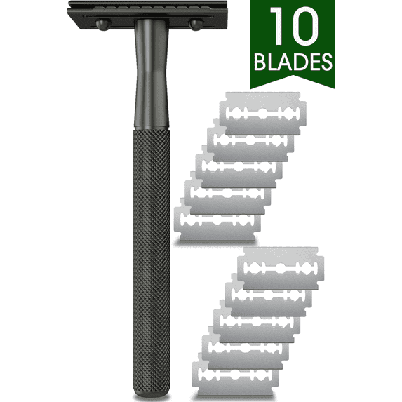 Nylea Double Edge Safety Razor for Men & Women Stainless Steel with 10 Blades, Women Razor - Fits All Double Edge Razor Blades (Titanium Black)