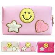 Nylea Preppy Stuff Patch Makeup Bag, PU Leather Smiley Face Makeup Bag Portable Waterproof Small Pouch, Daily Use Travel Cosmetic Pouch for Women Girls Gift (HOT PINK)