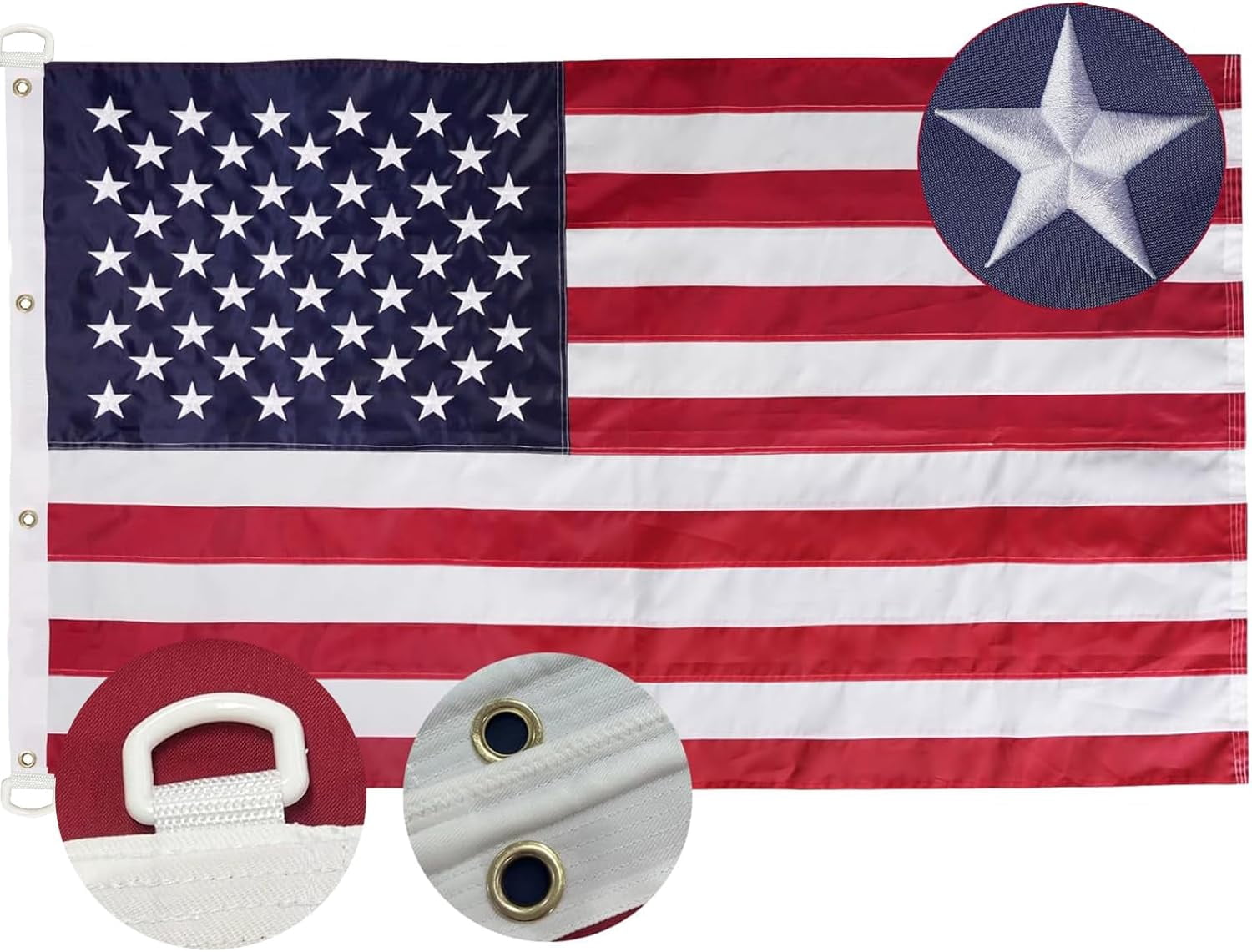 TOPFLAGS Nylon 8x12 feet 50 Stars American Flag, Embroidered 250D Embroidered Stars, Sewn Stripes, 3 Brass Grommets, Indoor/Outdoor, Vibrant Colors, Quality Nylon, US USA Flag