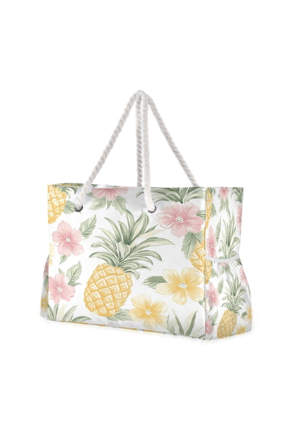 Nylon Beach Tote Bag 20.5"x15" Lightweight Carryall for Pool, Travel & Baby Essentials Floral Pineapple Pattern