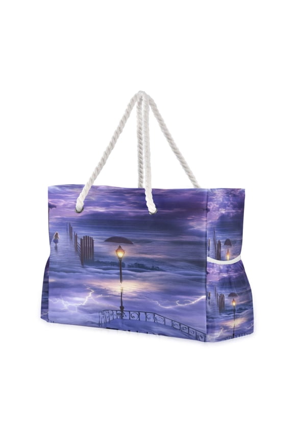 Nylon Beach Tote Bag 20.5"x15" Lightweight Carryall for Pool, Travel & Baby Essentials Purple Clouds
