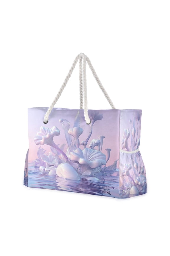 Nylon Beach Tote Bag 20.5"x15" Lightweight Carryall for Pool, Travel & Baby Essentials Purple Fantasy World