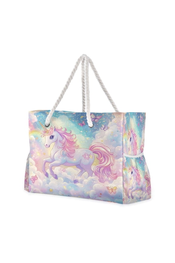 Nylon Beach Tote Bag 20.5"x15" Lightweight Carryall for Pool, Travel & Baby Essentials Rainbow Colors Unicorn