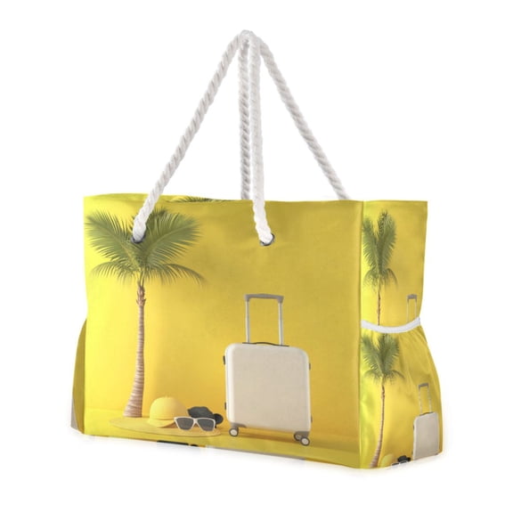 Nylon Beach Tote Bag 20.5"x15" Lightweight Carryall for Pool, Travel & Baby Essentials Yellow Summer Objects