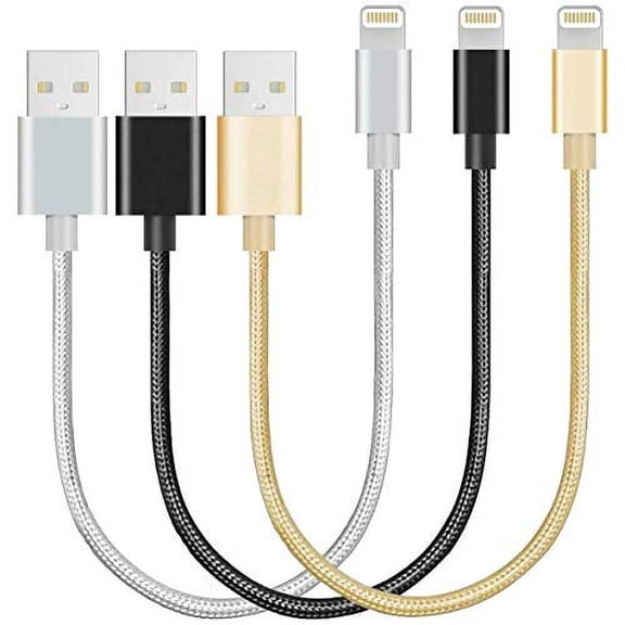 Nylon Braided USB Lightning Charging Cable/Data Sync USB Compatible for iPhoneX Case/8/8 Plus/7/7 Plus/6/6s Plus,iPad Mini- Gold, Silver, Black, 8-inch, 3-Pack