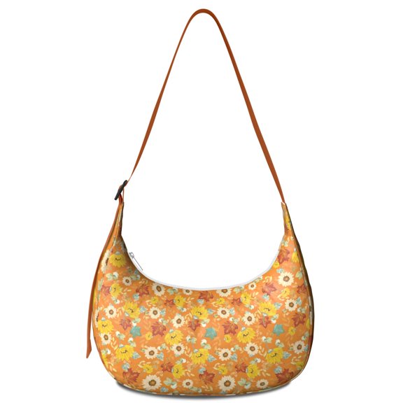 Nylon Crescent Bag for Women Men Trendy, Floral Medium Crossbody Dumpling Bags with Adjustable Strap Lightweight Travel Shoulder Tote Half Moon Hobo Bag