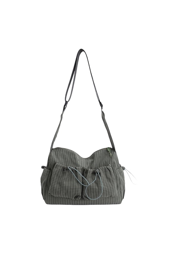 Nylon Crossbody Bag Plaid Crossbody Shoulder Bag Drawstring Messenger Purse Soft Zipper Handbag Adjustable Shoulder Straps