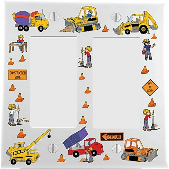 Nylon Double Rocker Construction Light Switch Plates Covers / Construction Trucks and Tractors (Double Rocker)