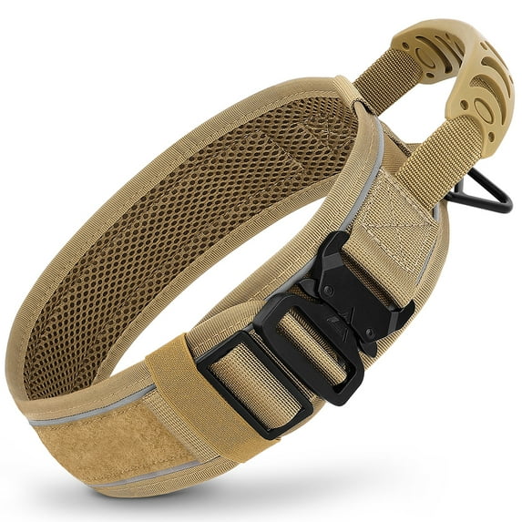 Nylon Durable Dog Collar Military Tactical Pet Training Collars Reflective Necklace with Handle Strong for Medium Large Dogs (Dark Khaki,XL)