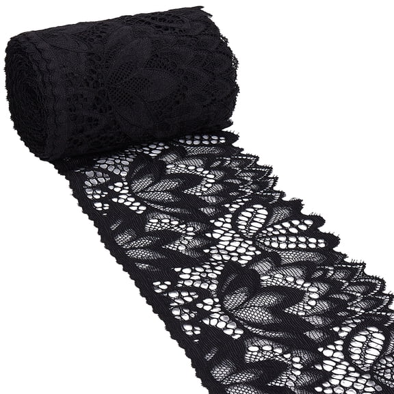 Nylon Elastic Lace Trim Flower Trimming Lace Ribbon Black 4 inch(100mm) DIY