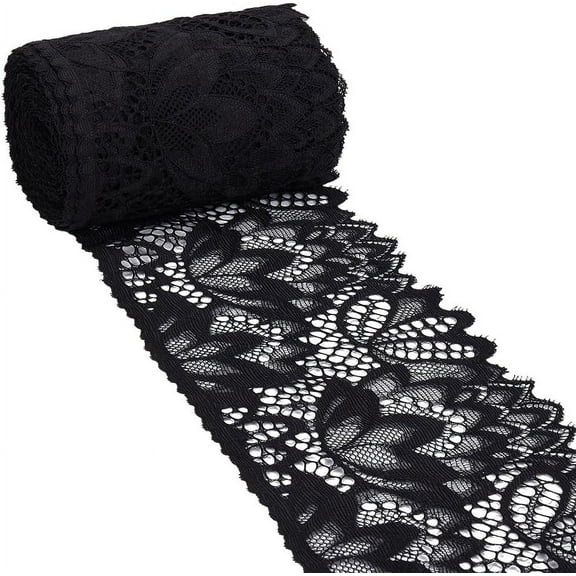 Nylon Elastic Lace Trim Flower Trimming Lace Ribbon Black 4 inch(100mm)