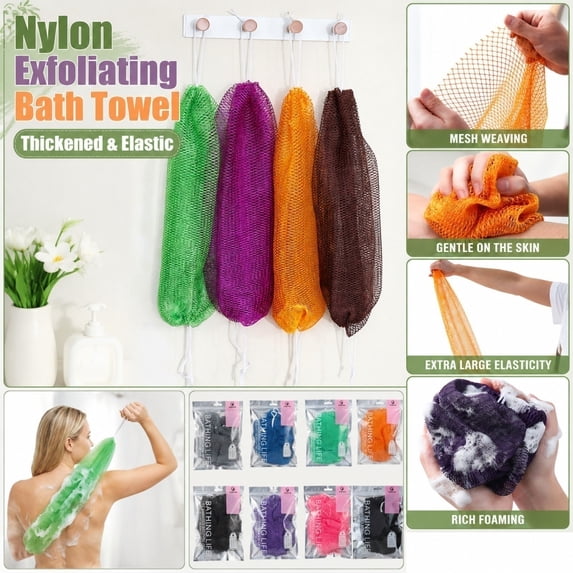 Nylon Exfoliating Bath Scrub Towel, Thick Elastic Mesh Body Washcloth with Hanging Rope, Long Shower Back Scrubber for Bath Spa(Green)