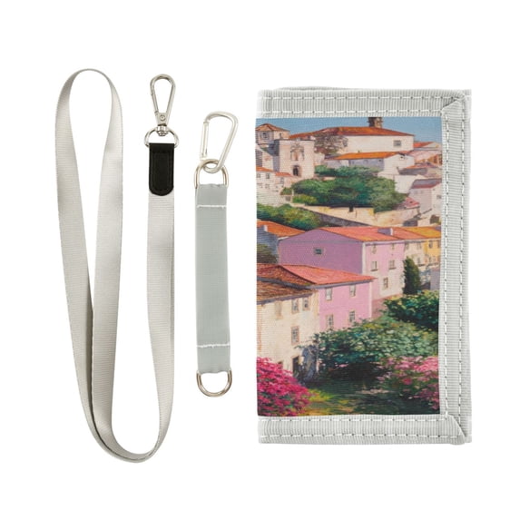 Nylon Fabric Wallet Compact Bifold With Zipper Coin Pocket Card Slots And Detachable Keychain Lanyard A Charming Painting Of Houses Flowers Gardens