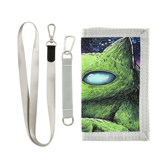 Nylon Fabric Wallet Compact Bifold With Zipper Coin Pocket Card Slots And Detachable Keychain Lanyard A Green Alien Cat