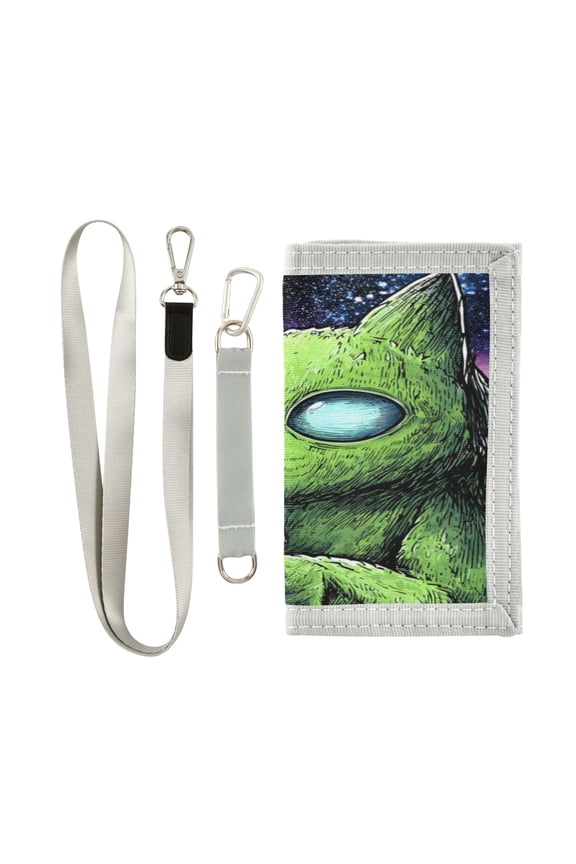 Nylon Fabric Wallet Compact Bifold With Zipper Coin Pocket Card Slots And Detachable Keychain Lanyard A Green Alien Cat
