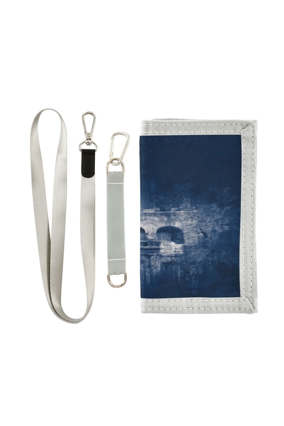 Nylon Fabric Wallet Compact Bifold With Zipper Coin Pocket Card Slots And Detachable Keychain Lanyard Abstract Navy Blue Rome Patterns